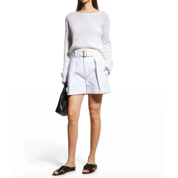 Vince Women's Belted Twill Short Cotton Linen White High Rise Pleated Pockets 16 - Picture 9 of 11
